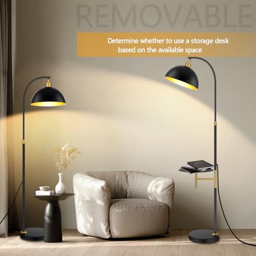 Floor Reading Lamp with Table Industrial Floor Standing Lamps with Tray Shelves Attached Adjustable Height Corner Rustic Black Floor Lamps with End Table for Bedroom Living Room Office