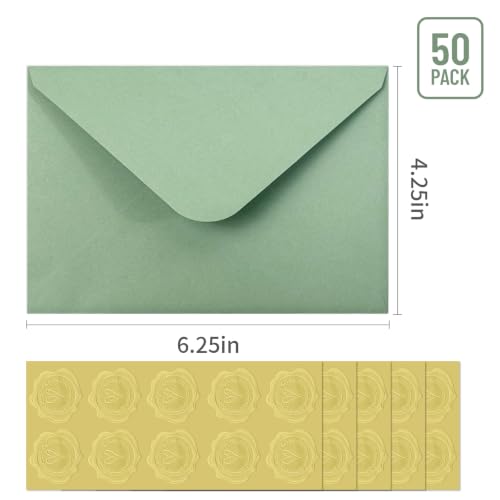 50 PCS Sage Green A4 Envelopes with Gold Stickers for Invitations - 4x6