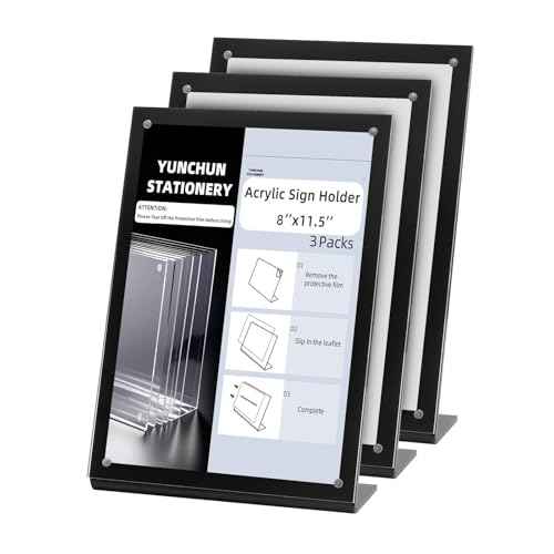 YUNCHUN 3 Packs Acrylic Sign Holder 8 x 11.5 Standing, L-Shape Magnetic 8 x 11 Menu Holder, Display Stand of Slant Back & Acrylic Frame for Store, Wedding, Restaurant, Hotel, Office Use Black