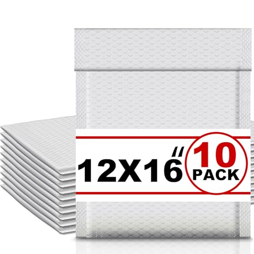 Ireer 10 Pack 12x16 Inch Large Waterproof Bubble Mailers Self Seal Padded Envelopes White