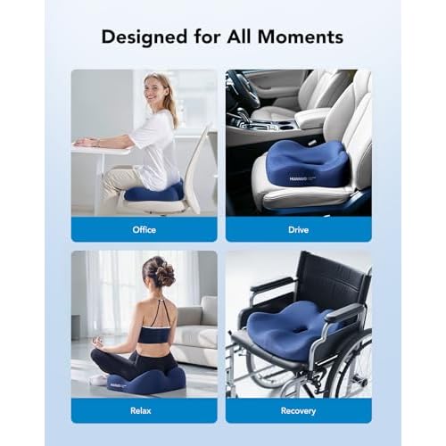 HUANUO Ergonomic Seat Cushion, Memory Foam Cooling Gel Office Chair Cushion for Hip Support, Tailbone Pressure Relief, Breathable Car Seat Cushion for Home, Work, Driving