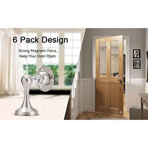 Magnetic Door Stopper 6 Pack Brushed Nickel No Drilling Needed 3M Adhesive or Screw Mount Soft-Catch Magnetic Door Holder for Home & Office