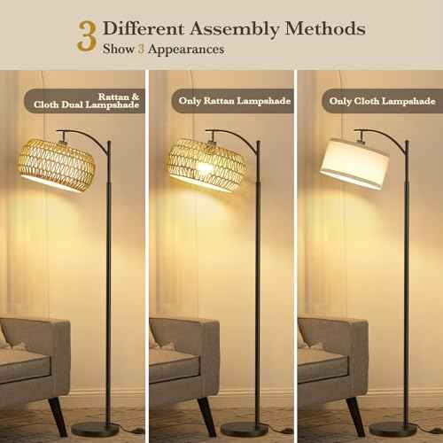 Arc Floor Lamps with Remote Control and Stepless Dimmable Color Temperature and Brightness Rattan Floor Lamps with Rattan and Cloth Dual Lampshade Standing Lamp for Living Room Bedroom, Black