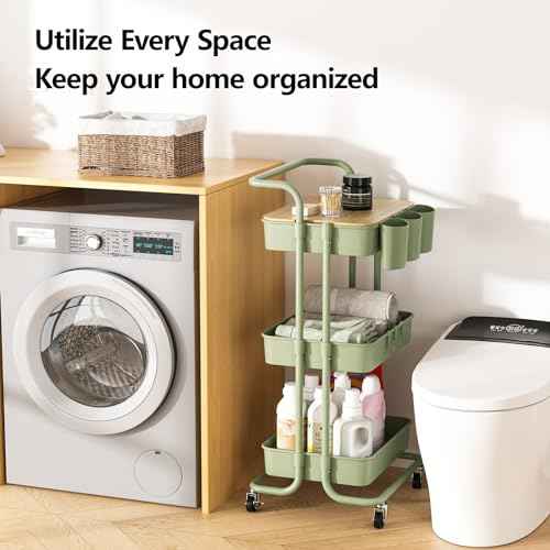 3 Tier Rolling Cart with Metal Handle, Table Top, Hanging Cups, Hooks, Plastic Storage Baskets& Wheels Lockable, Utility Cart for Bathroom Classroom Office Kitchen Pantry Organizers and Storage, Green