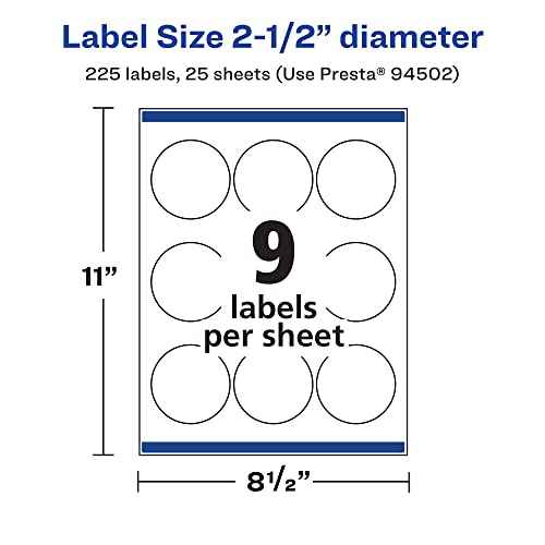 Avery Durable Waterproof Round Labels, Sure Feed Technology, 2.5" Diameter, 225 Total, Oil and Tear-Resistant Waterproof Labels, Print-to-The-Edge, Laser/Pigment-Based Inkjet Printable