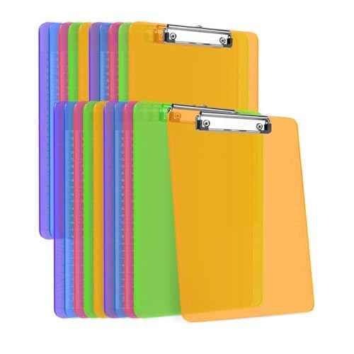 Dynta Plastic Clipboards 20 Pack A4/Letter Size (8.5x11 Inch) - Transparent Colored Writing Boards with Low-Profile Clips & Hanging Loops, Lightweight & Sturdy for Office, School, Art Projects