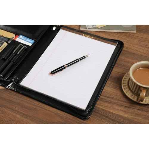 Vegan Leather Portfolio, Zippered Portfolio Binder Personalized Business Padfolio with Tablet Holder for A4 Letter Size Notepad & 13 Inch Laptop/Tablet - Black