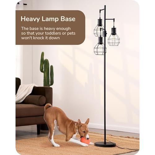 EDISHINE Dimmable Farmhouse Floor Lamp, Industrial Standing Lamp for Living Room, 3 LED Edison Bulbs Included, Black Corner Rustic Tall Tree Reading Lamps Home Decor for Bedroom, Office