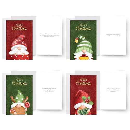 easykart labels 60 Christmas Gnome Cards with Envelopes & Sealing Stickers, 4 Christmas Theme Santa Designs With Gold Foling effect, 6.75" x 4.5" For Friends, Family and loved Ones