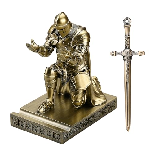 Medieval Armored Warrior Wearing Outerwear, Mobile Phone Stand Knight Pen Holder Desk Organizers, Resin Bookends Paperweight with a Letter Opener for Desk (Bronze)