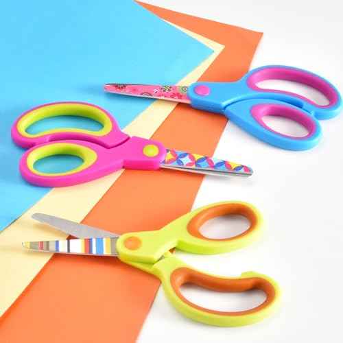 Kids Scissors Set, Safety Children Scissors with Blunt-Tip Floral Print Blade and Soft Grip, Great for DIY, Arts, Home, School Classroom Use, Blue/Purple/Yellow