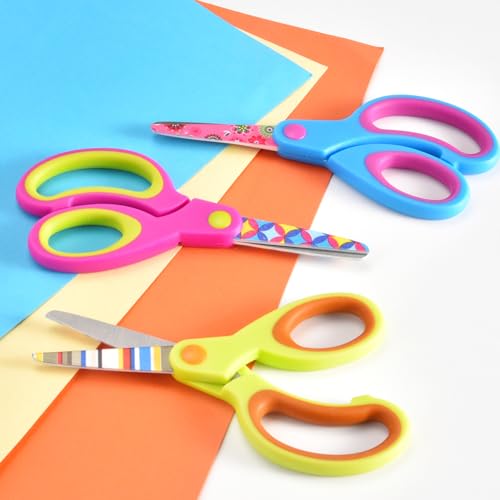 Zicolu Kids Safety Scissors 3-Pack, Blunt Tip, Ambidextrous, 5 Inch, Floral Print, Soft Grip, For DIY, Arts & School (Purple/Blue/Yellow)