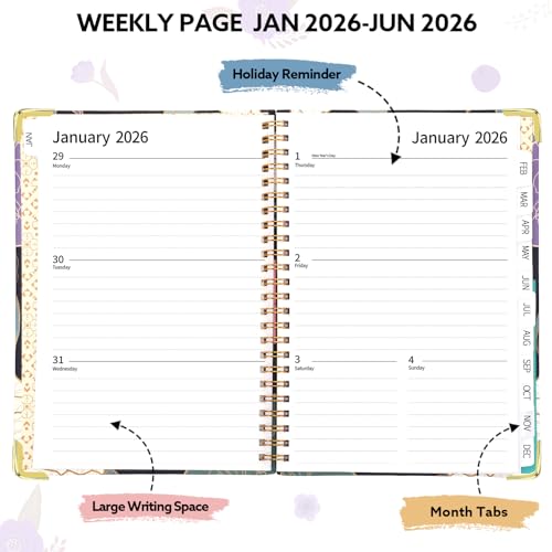 2026 Planner, Weekly and Monthly Planner, January 2026 - December 2026, Calendar Planner A5 (6.5" x 8.5") with Tabs, Inner Pocket for Home School Office Supplies, Blue Flower