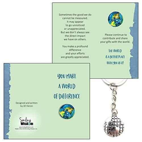 Smiling Wisdom - 20 Bulk Gifts - You Make A World of Difference - Staff Employee Appreciation 3.5x2in Cards & Keepsake Gifts - 60pcs - Silver World Keychains