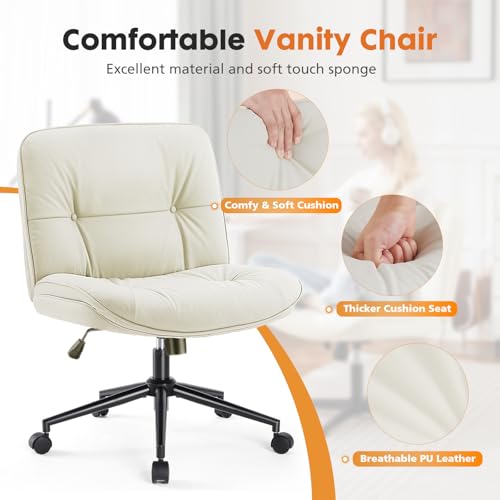 Sweetcrispy Criss Cross Chair with Wheels, Wide Seat PU Leather Armless Office Desk Vanity Chair, Comfortable Adjustable Swivel Computer Task Chairs for Bedroom, Small Space Make Up, Light Beige
