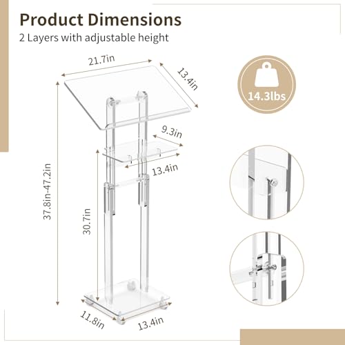 Joyoolife Adjustable Acrylic Podium Stand with Wheels, Tilt Top & Shelf (37.8-47.2 in)