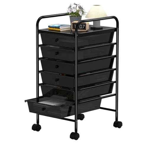 6 Tier Utility Rolling Cart with 6 Drawers Multipurpose Rolling Storage Cart with Wheels and Handles for Office Classroom Kitchen Bathroom Bedroom Organization Black