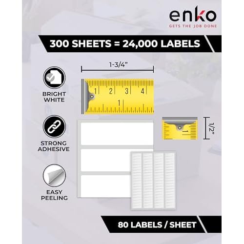 enKo 24000 Labels, 1/2 x 1-3/4 inches - White - Address, Mailing, Shipping and Barcode Blank Labels for Laser and Inkjet Printers