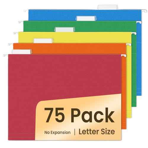 SUNEE Hanging File Folders, Assorted Colors - 75 Pack, Colored File Folders Letter Size with 1/5-Cut Tabs, Ideal for Organizing Home and Office Documents