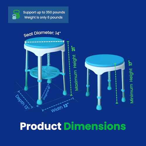 Healthline Round Bath Stool Shower Chair, Compact Shower Stool and Bench 350 Lbs - Small Bathtub Stool Chair for Shower, Non-Slip Seat, 360 Degree Rotating Padded Seat, Adjustable Height