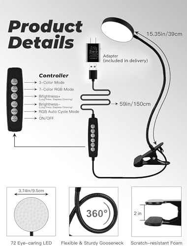 ReinHoo Black Clip-On RGB Desk Lamp with Clamp, 10 Colors & Brightness Levels