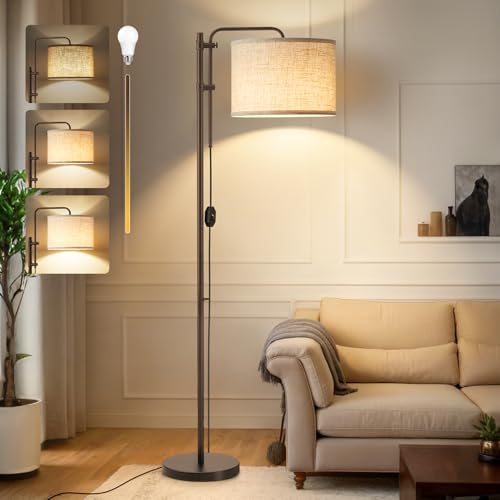 Floor Lamp for Living Room, Adjustable Height Standing Lamps with 350¡Æ Rotate Linen Lampshade, 67.5-Inch Brown Modern Tall Lamp Dimmable Floor Lamps for Corner Bedroom Home Office (Bulb Included)