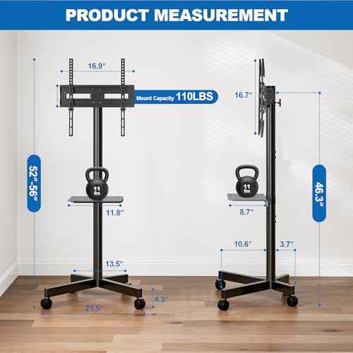 Mobile TV Stand for 23-65 Inch LCD LED Flat/Curved Panel Screen TVs, Height Adjustable Rolling Floor TV Cart with Tilt Mount and Shelf, Portable Stand Holds up to 110 lbs, Max VESA 400x400mm