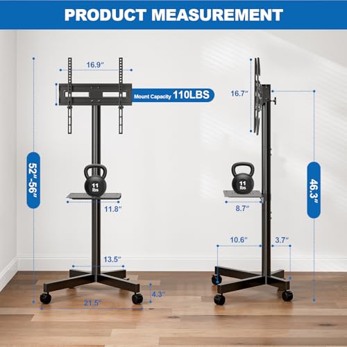 HOLMAXD 23-65 Inch Mobile TV Stand with Wheels, Tilt, 110 lb Capacity, Black