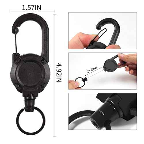 Heavy Duty Retractable Keychain,Multitool Carabiner Badge Holder,Tactical ID Badge Reel with 23.6¡± Steel Retractable Cord for Men and Women£¨Black 2 Pack£©