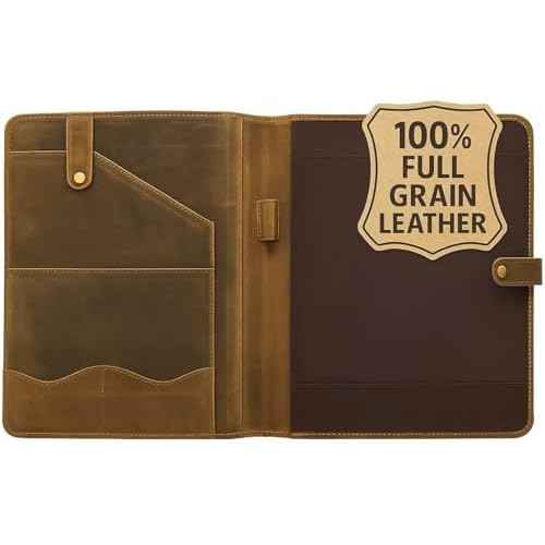 Leather Portfolio Organizer Padfolio Document Organizer with Snap Closure, Resume & Card Slots,Pen Holder,Writing PadFolio for A4/Letter Size Writing Legal Pad Leather Binder Portfolio for Men & Women