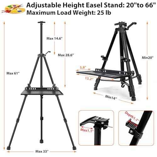Easel Stand for Painting Artist Easel Stand Adjustable Height 20" to 61" Metal Tripod Art Easels Stand for Painting Canvases Tabletop Floor Art Easel Stand with Tray, Bag, Folding Keg, Black