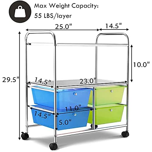 Hysache Rolling Storage Cart, Utility Organizer Cart w/ 4 Drawer 2 Shelves Trolley, Metal Frame, Plastic Storage Drawers on Wheels for School Office Home, Multifunction Organizer (Green)