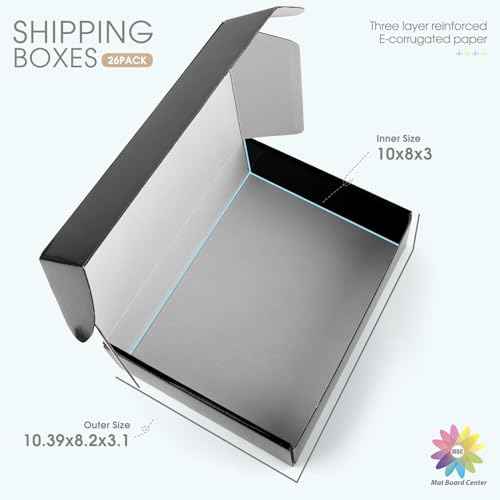 Mat Board Center, 10x8x3 Shipping Black Box, Waterproof Mailer Sturdy Box for Small Business Mailing, T-shirt, Candle Gift, 26 Pack