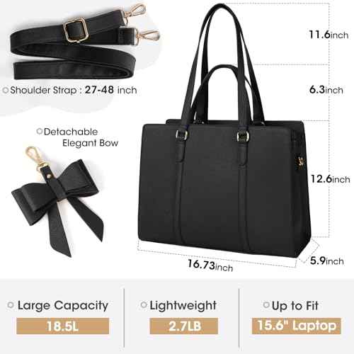 Laptop Bag for Women 15.6 inch Laptop Tote Bag Waterproof Leather Computer Bag Large Lightweight Briefcase Professional Business Office Work Bag Black