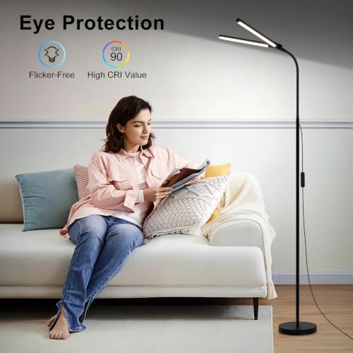 Seaside Village Black LED Floor Lamp with Double Head, Dimmable Reading Light