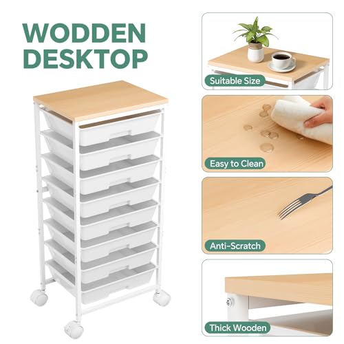 Ekisemio 8-Drawer Rolling Cart with Wooden Top, Locking Wheels — Portable Utility Cart for Home Office Classroom