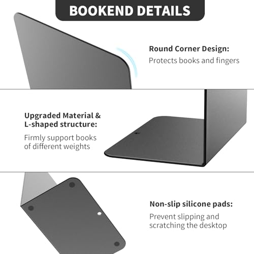 Black Frosted Metal Book Ends - 2 Pieces Heavy Duty Shelving Bookends for Books & Decor