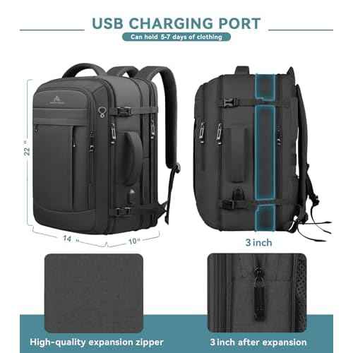 60L Extra Large Travel Laptop Backpack,3XL Expandable Carry On Backpack for Men, Big Capacity Heavy Duty Business Suitcase Daypack Bag Fits 18.4-19 Inch Laptops, Travel Gifts for Men Women, Black