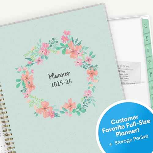 Blue Sky 2025-2026 Weekly and Monthly Academic Year Planner Calendar, July 2025 - June 2026, 8.5" x 11", Flexible Cover, Wirebound, Laminated Tabs, Storage Pocket, Laurel