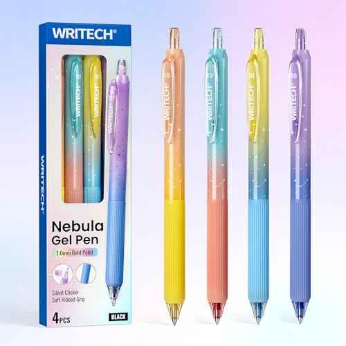 WRITECH Gel Pens Fine Point: 1.0mm Black Ink Retractable 4ct Smooth Writing with Aesthetic Gradient Color Barrel for Journaling Note Taking Silent Click No Smear Nebula Pen Set