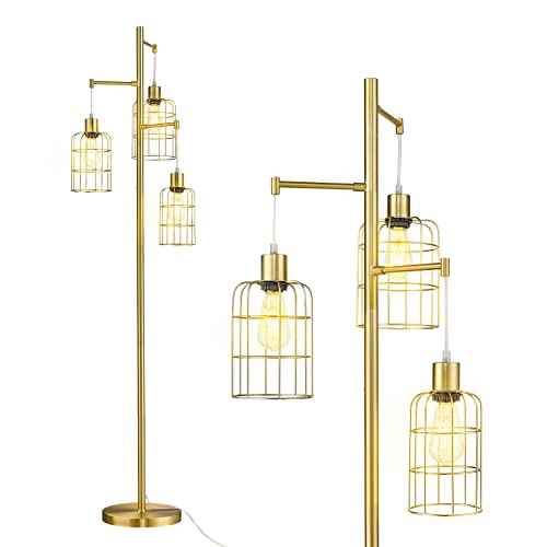 ELYONA Modern Dimmable Floor Lamp for Living Room, Gold Tree Standing Light with 3 Metal Cage Shades, Industrial 71¡± Tall Pole Floor Lamps for Bedroom Reading, Office, LED Edison Bulbs Included