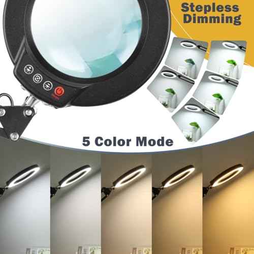 LANCOSC 10X Magnifying Glass with Light and Clamp, 5 Color Modes Stepless Dimmable Lighted Magnifier with Light, Adjustable Swing Arm LED Desk Lamp Hands Free for Close Work Crafts Repair Painting