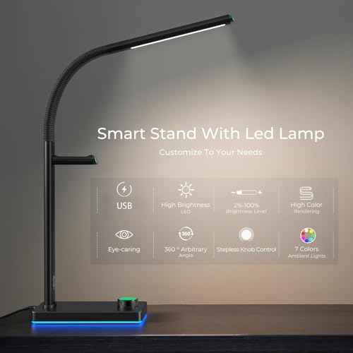 LED Desk Lamp with Eye-Caring Light, USB Ports, 7 Color Modes, Flexible Gooseneck & Headphone Stand for Home Office, Bedroom, and Study (Black Green)
