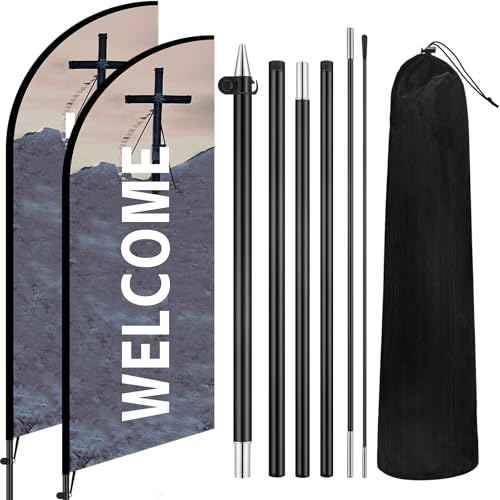 Buryeah 2 Sets Church Sign Feather Flag 7 ft Church Swooper Flag with Fiberglass Poles and Point Stake Welcome Banners for Outdoor Business and Events Promotion