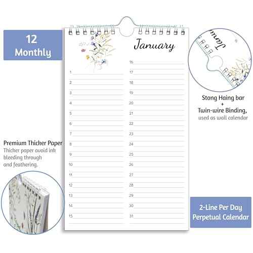 Perpetual Calendar ? Undated Calendar 12-Month for Birthday, Anniversaries, Important Days, Festivals Reminder, 6'' x 10'' with 2 Lines Per Days, Twin-wire Binding, Thicker Paper, Minimalist Flowers