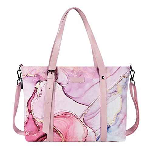 MOSISO USB Port Laptop Tote Bag (17-17.3 inch) with Adjustable Top Handle, Laptop Bag for Women, Polyester Work Travel Office Large Computer Shoulder Handbag Marble MO-MBH216