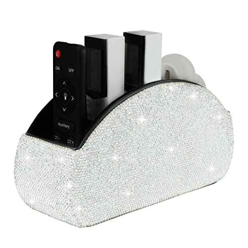 KEYPOWER Remote Control Holder Organizer Table Desk Leather Control Storage TV Remote Control Organizer with 5 Spacious Compartments Bling Crystal Luxury Handmade Diamond (White)