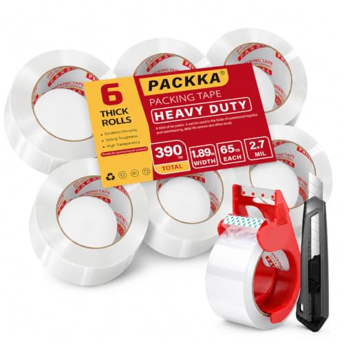 PACKKA Heavy Duty Clear Packing Tape with Dispenser & Utility Knife - 6 Rolls
