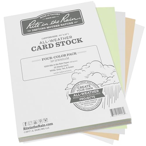 Rite in the Rain Weatherproof Card Stock, 8.5" x 11", 100#, 20 Sheets of White, Green, Tan, and Gray, 80 Sheet Pack (No. HW8511M)