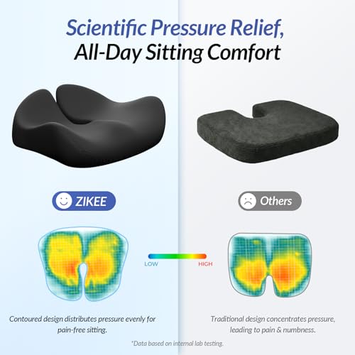 ZIKEE Black Ergonomic Seat Cushion for Sciatica - High-Density Memory Foam, Anti-Slip Car & Office Chair Pad